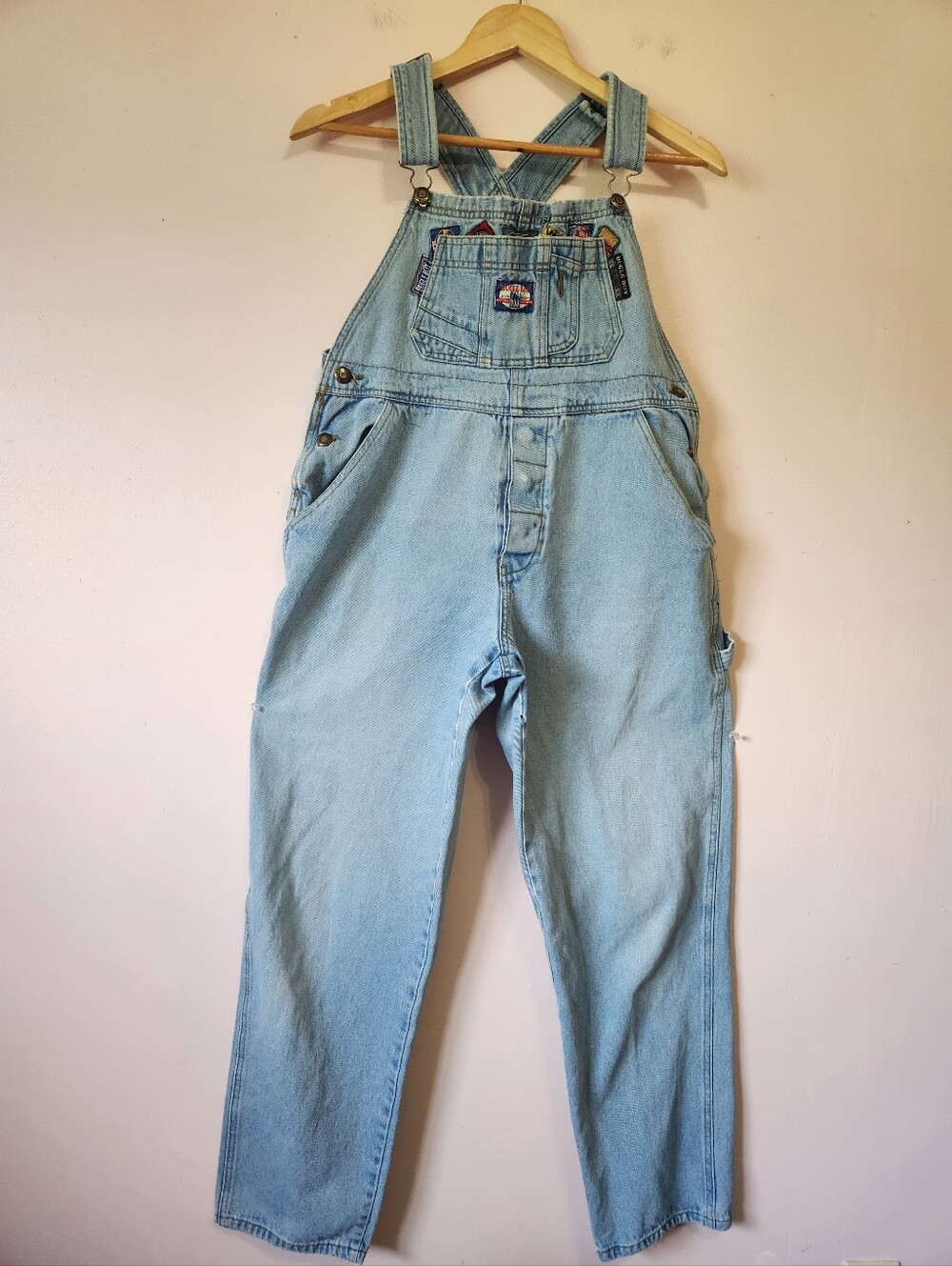 Vintage 90s Bugle Boy Light Wash Denim Multi Patch Carpenter Overalls VHTF Rare